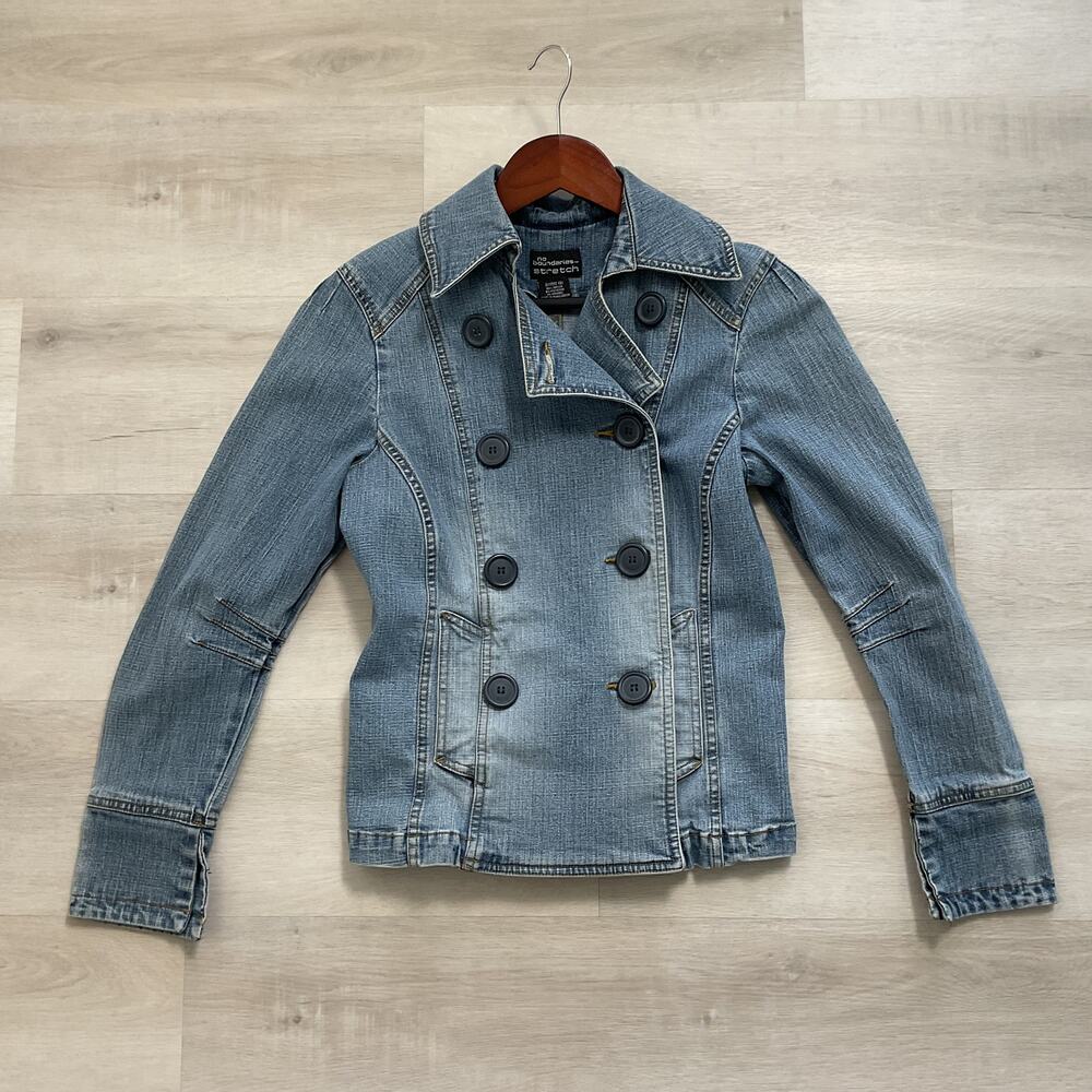 No Boundaries Stretch Juniors Double Breasted Denim Jacket Light Wash Small